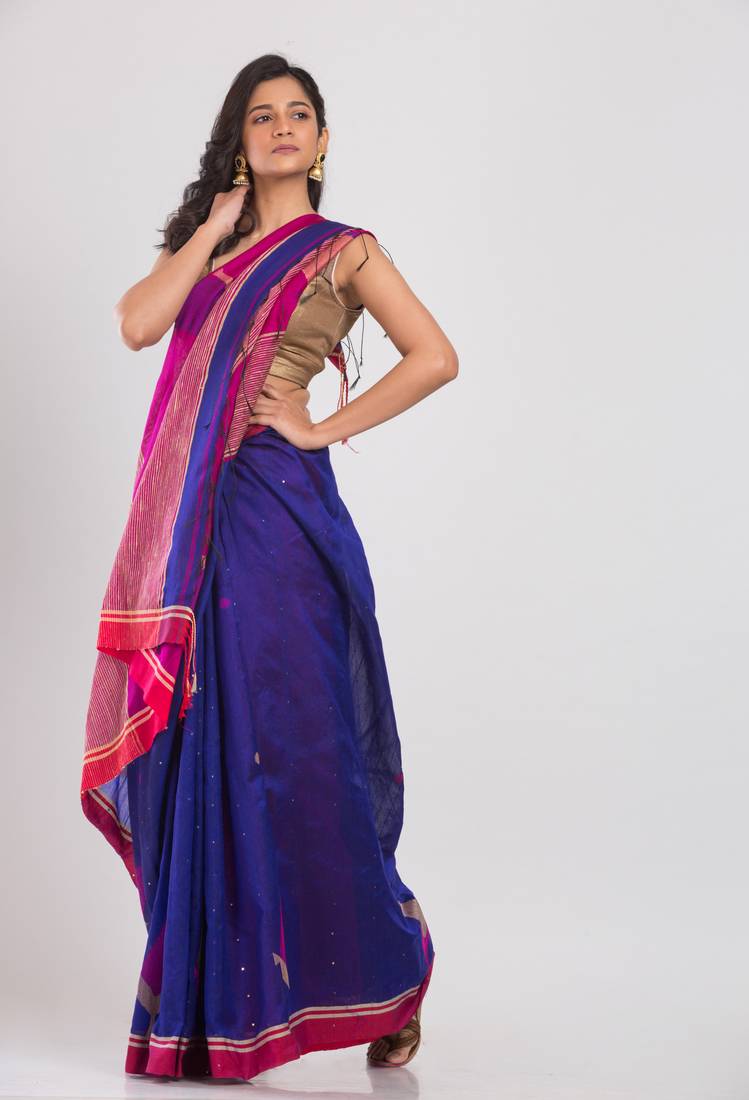 Blue blended cotton jamdani saree