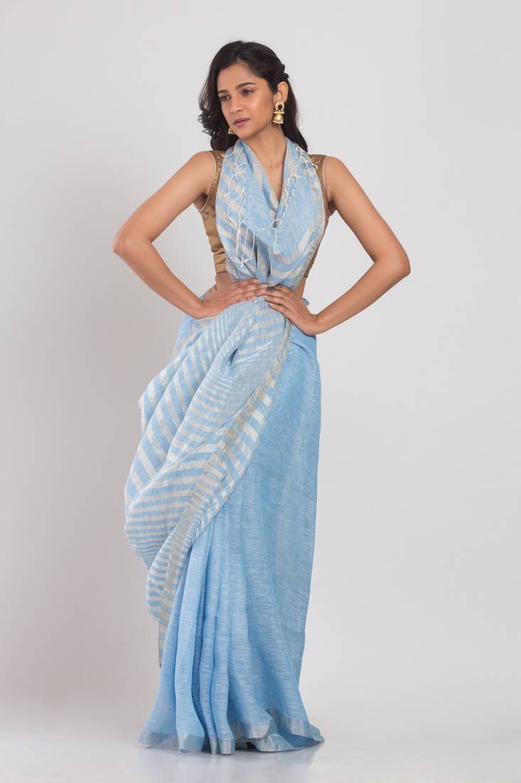 Skyblue Linen Saree With Silver Zori Pallu And Border