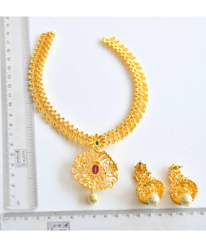 Gold tone cz ruby-emerald designer necklace set dj-07137