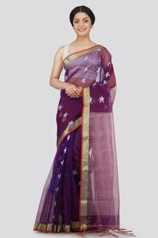 PinkLoom Women's purple hand woven silk-sarees With Blouse