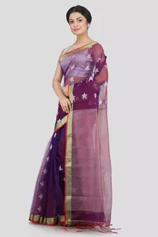 PinkLoom Women's purple hand woven silk-sarees With Blouse