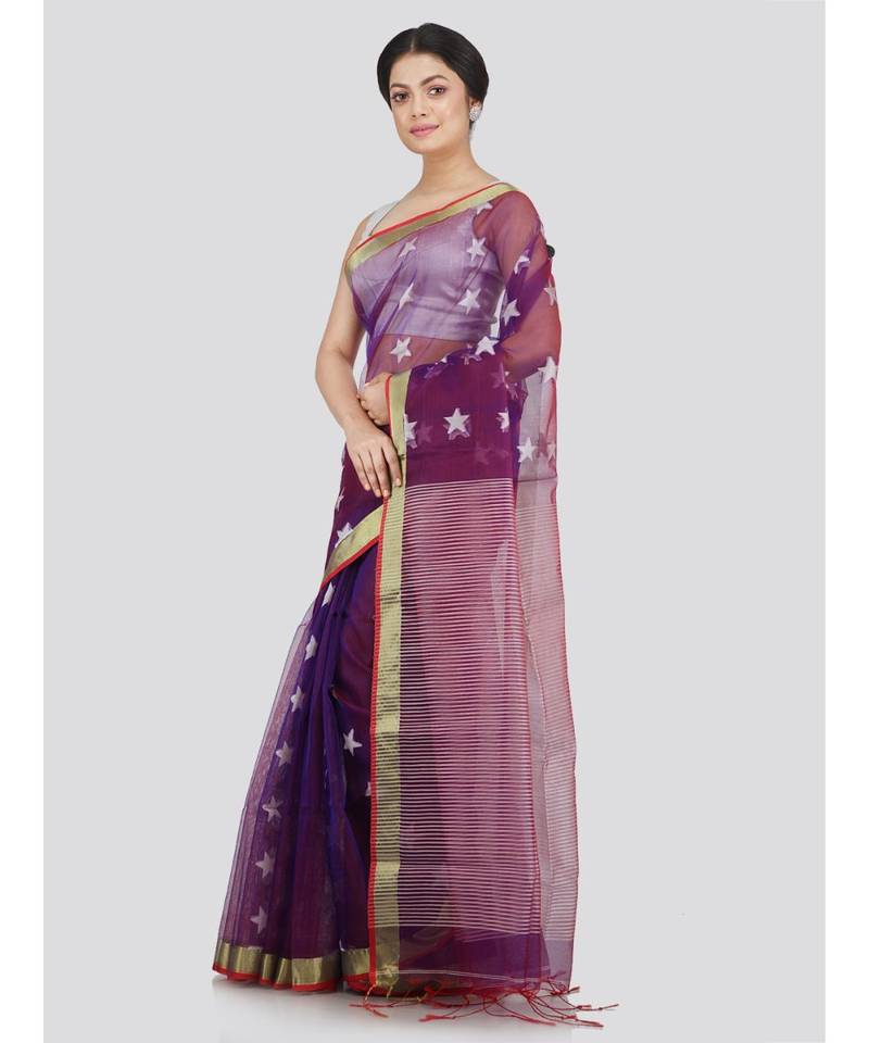 PinkLoom Women's purple hand woven silk-sarees With Blouse