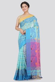 PinkLoom Women's blue hand woven cotton-silk-sarees With Blouse