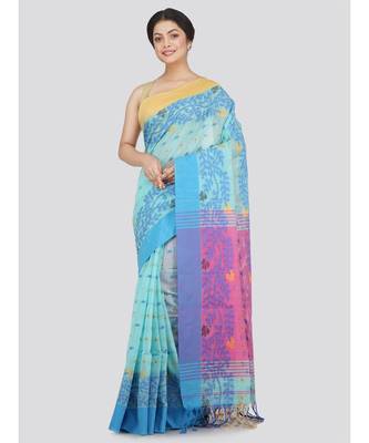 PinkLoom Women's blue hand woven cotton-silk-sarees With Blouse 1
