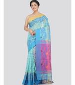 PinkLoom Women's blue hand woven cotton-silk-sarees With Blouse