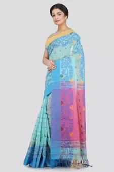 PinkLoom Women's blue hand woven cotton-silk-sarees With Blouse