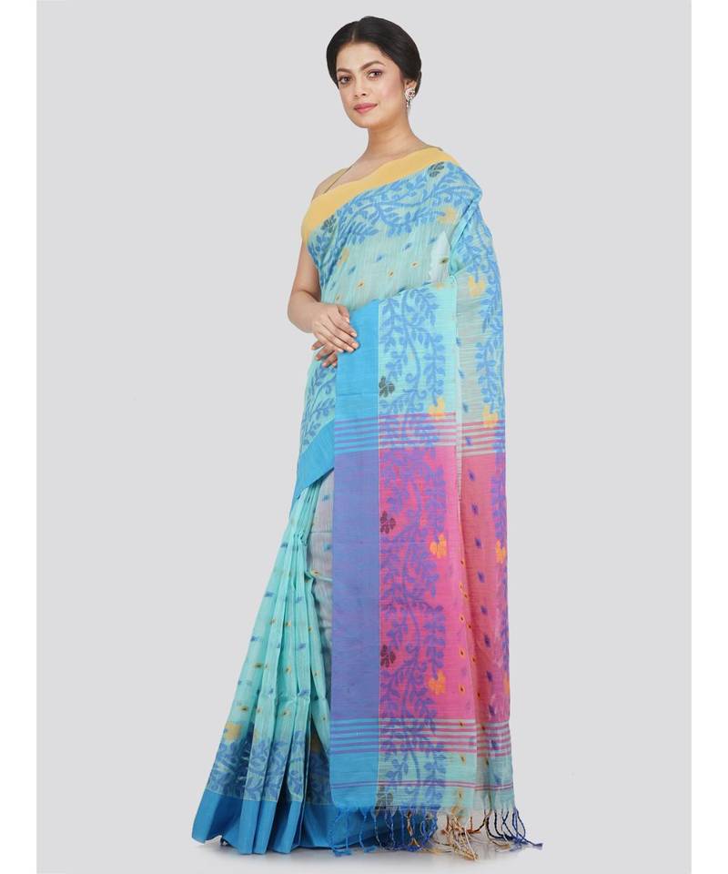 PinkLoom Women's blue hand woven cotton-silk-sarees With Blouse