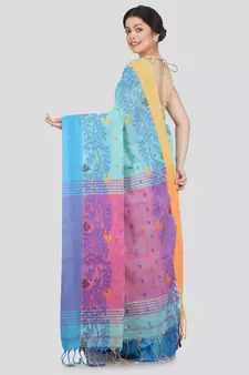 PinkLoom Women's blue hand woven cotton-silk-sarees With Blouse