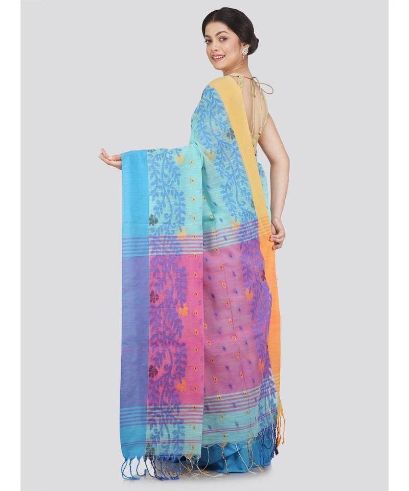 PinkLoom Women's blue hand woven cotton-silk-sarees With Blouse