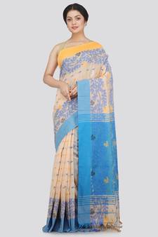 PinkLoom Women's beige hand woven cotton-silk-sarees With Blouse