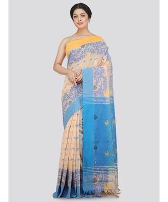 PinkLoom Women's beige hand woven cotton-silk-sarees With Blouse 1