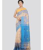 PinkLoom Women's beige hand woven cotton-silk-sarees With Blouse