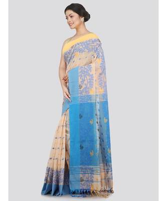 PinkLoom Women's beige hand woven cotton-silk-sarees With Blouse 2