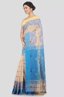 PinkLoom Women's beige hand woven cotton-silk-sarees With Blouse