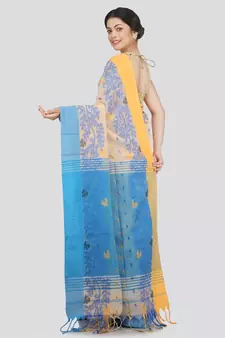 PinkLoom Women's beige hand woven cotton-silk-sarees With Blouse