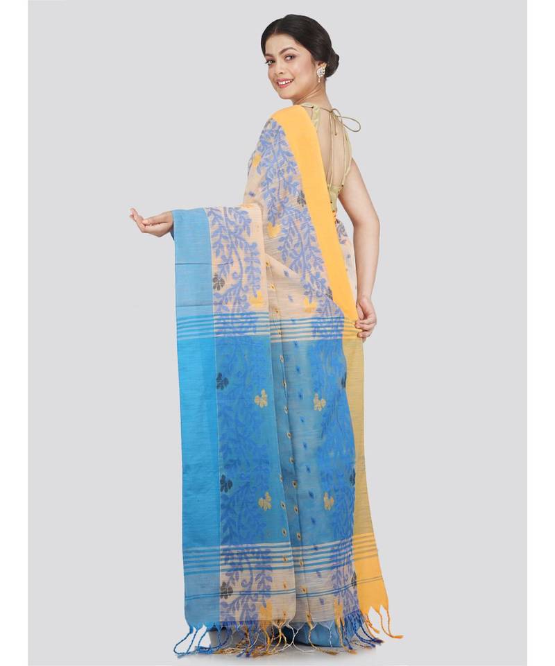 PinkLoom Women's beige hand woven cotton-silk-sarees With Blouse