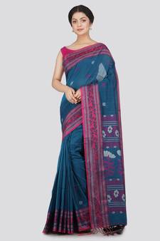 PinkLoom Women's teal hand woven cotton-sarees With Blouse