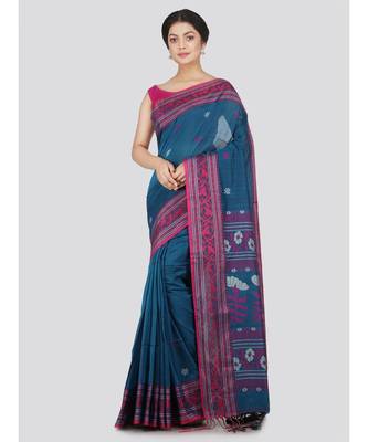 PinkLoom Women's teal hand woven cotton-sarees With Blouse 1