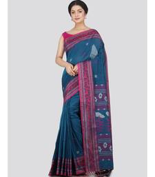 PinkLoom Women's teal hand woven cotton-sarees With Blouse