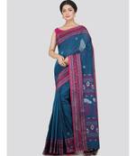 PinkLoom Women's teal hand woven cotton-sarees With Blouse
