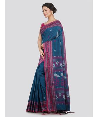 PinkLoom Women's teal hand woven cotton-sarees With Blouse 2
