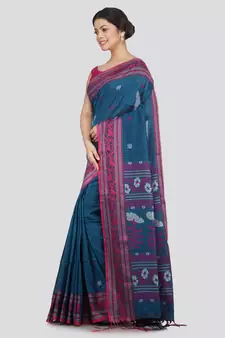 PinkLoom Women's teal hand woven cotton-sarees With Blouse