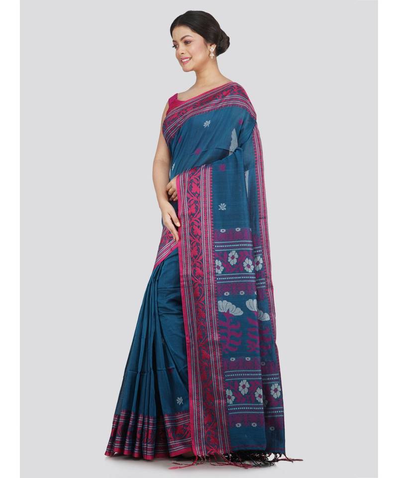PinkLoom Women's teal hand woven cotton-sarees With Blouse