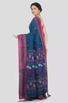 PinkLoom Women's teal hand woven cotton-sarees With Blouse