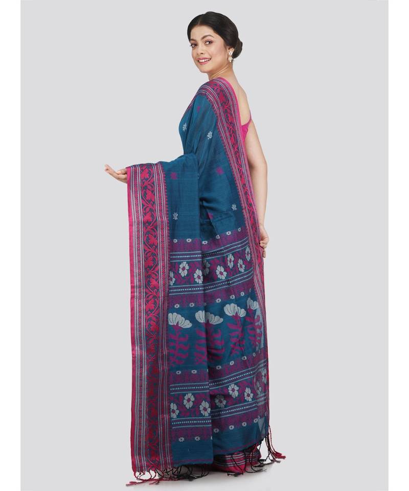 PinkLoom Women's teal hand woven cotton-sarees With Blouse