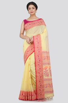 PinkLoom Women's yellow hand woven cotton-sarees With Blouse