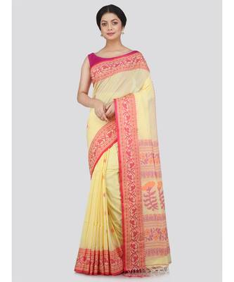 PinkLoom Women's yellow hand woven cotton-sarees With Blouse 1