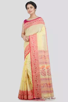 PinkLoom Women's yellow hand woven cotton-sarees With Blouse