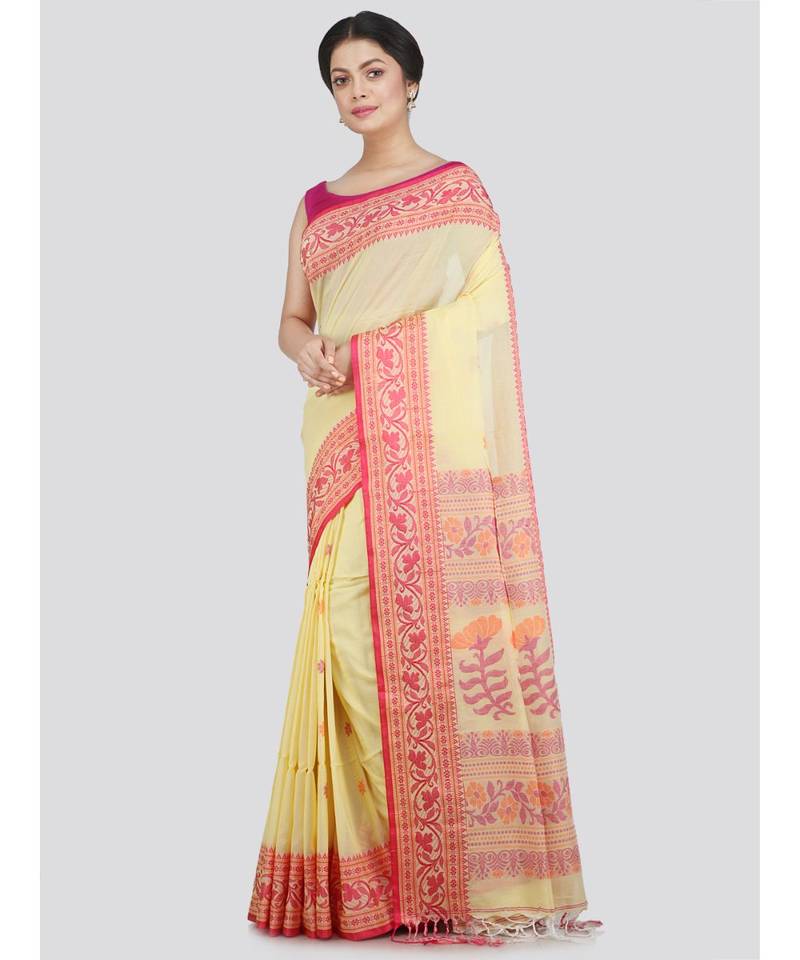 PinkLoom Women's yellow hand woven cotton-sarees With Blouse