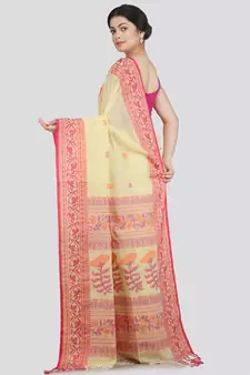 PinkLoom Women's yellow hand woven cotton-sarees With Blouse