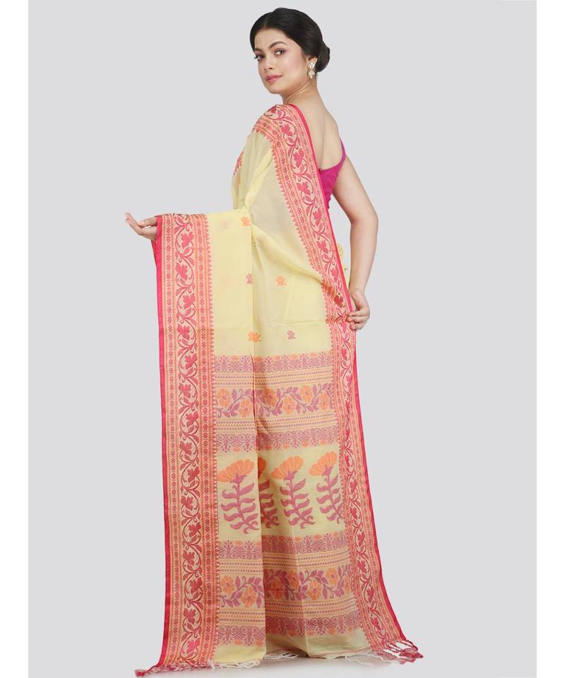 PinkLoom Women's yellow hand woven cotton-sarees With Blouse