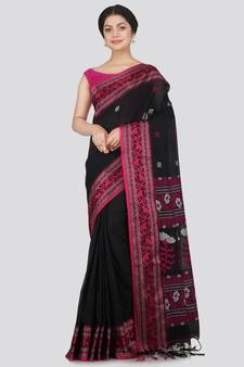 PinkLoom Women's black hand woven cotton-sarees With Blouse