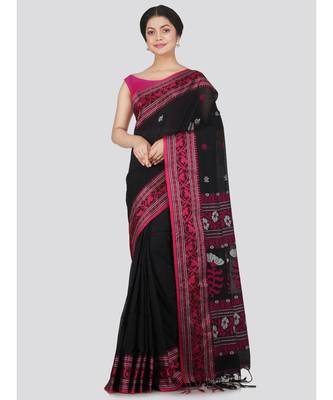 PinkLoom Women's black hand woven cotton-sarees With Blouse 1