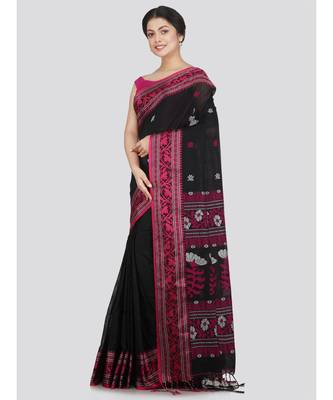 PinkLoom Women's black hand woven cotton-sarees With Blouse 2