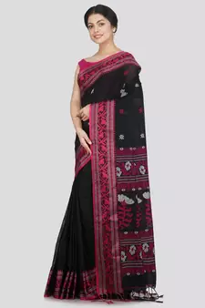 PinkLoom Women's black hand woven cotton-sarees With Blouse