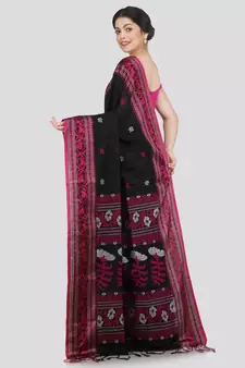 PinkLoom Women's black hand woven cotton-sarees With Blouse