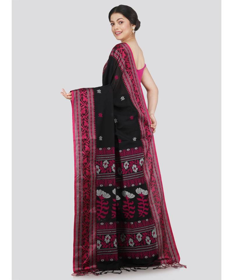 PinkLoom Women's black hand woven cotton-sarees With Blouse