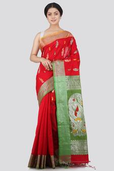 PinkLoom Women's red hand woven cotton-silk-sarees With Blouse