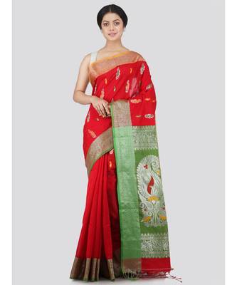 PinkLoom Women's red hand woven cotton-silk-sarees With Blouse 1
