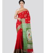 PinkLoom Women's red hand woven cotton-silk-sarees With Blouse
