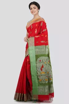PinkLoom Women's red hand woven cotton-silk-sarees With Blouse