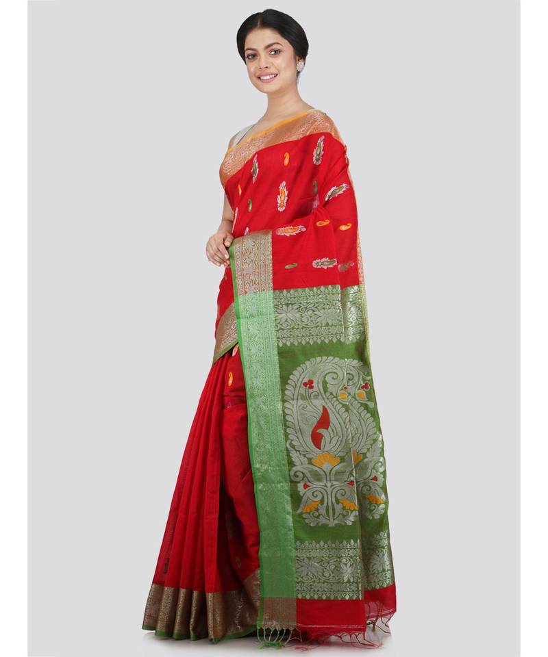 PinkLoom Women's red hand woven cotton-silk-sarees With Blouse