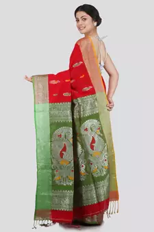 PinkLoom Women's red hand woven cotton-silk-sarees With Blouse