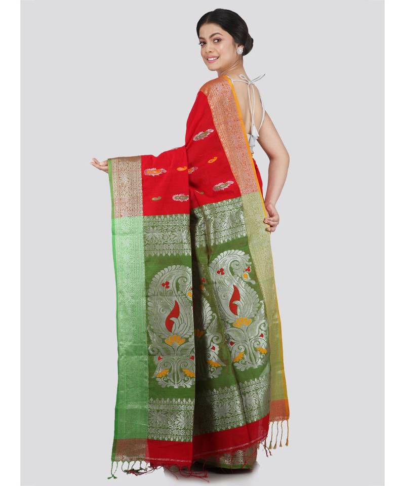 PinkLoom Women's red hand woven cotton-silk-sarees With Blouse