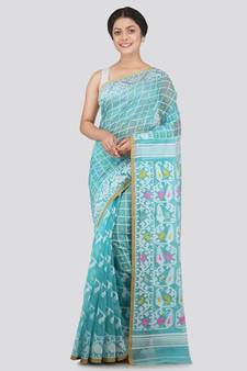 Pinkloom Women'S Aqua Blue Hand Woven Jamdani-Sarees Without Blouse