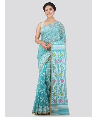 Pinkloom Women'S Aqua Blue Hand Woven Jamdani-Sarees Without Blouse 1